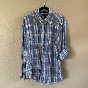 Tommy Hilfiger Shirt Mens XL Blue Linen Plaid Button Up Preppy Beach Roll Tab